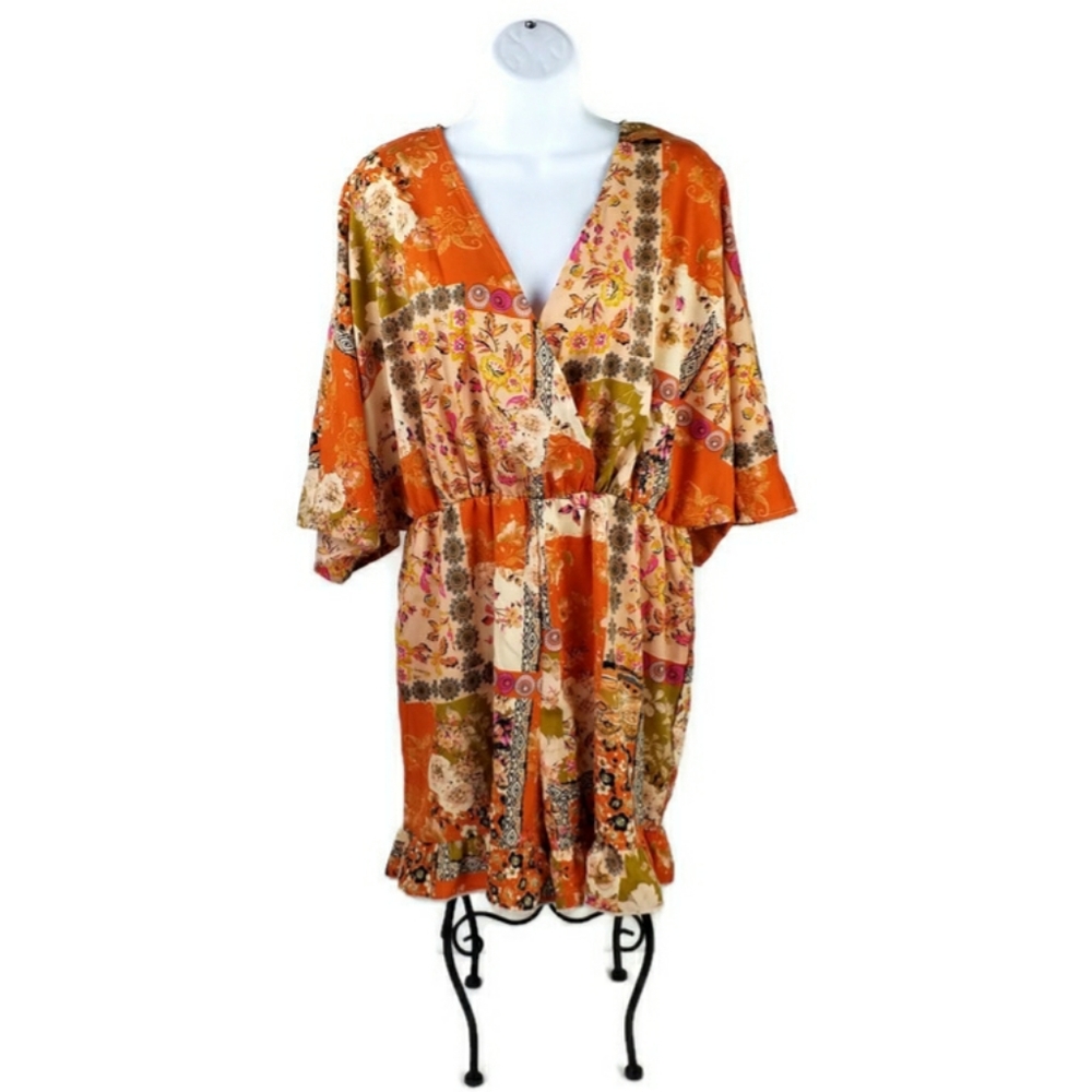 Shein Orange Patchwork Floral Print Surplice V-Ne… - image 1